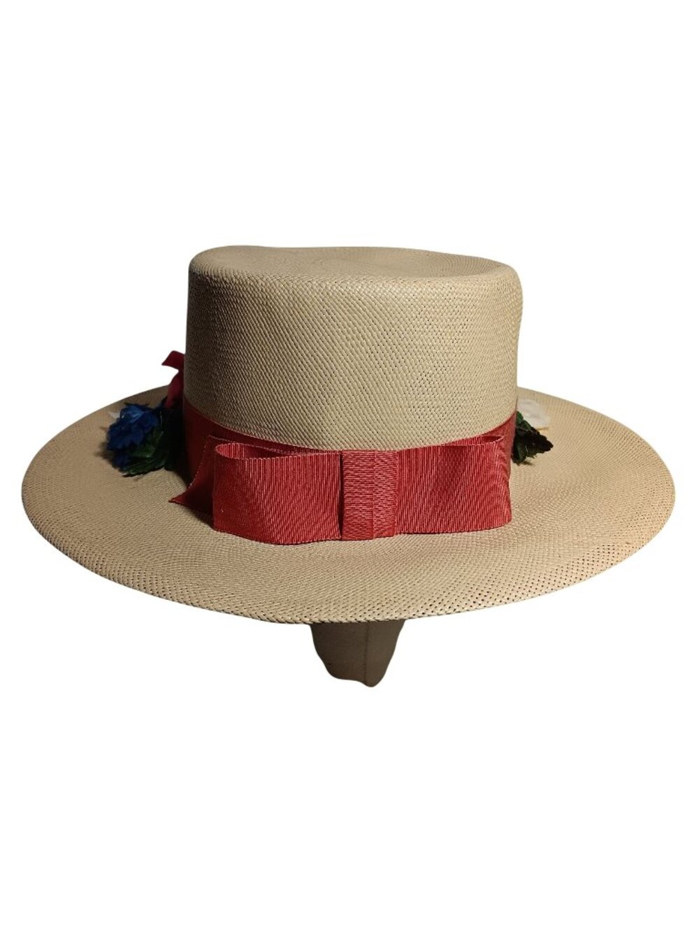 Vintage Bolero Beige Straw Hat Sunfy Granny Red Band Floral Decoration 21 1950's